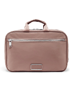 TUMI's Voyageur Mauve Madeline Cosmetic Case has a leather patch on the front that can be personalised with embossing.